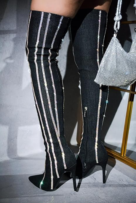 Demin Rhinestone High Boots