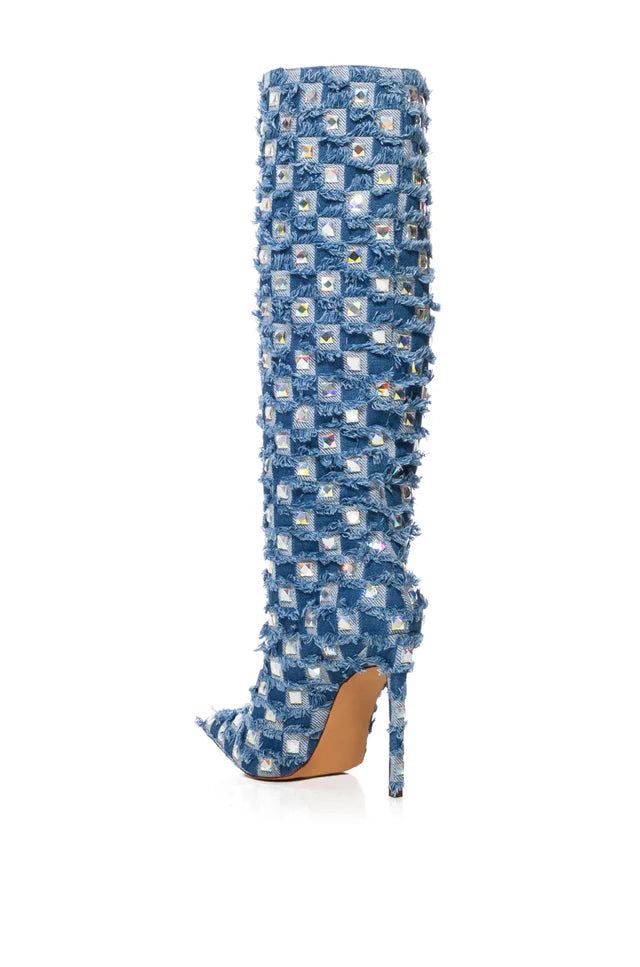 Denim Rhinestone Knee Boot