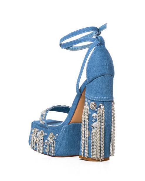 Denim Chunky Rhinestone Heels