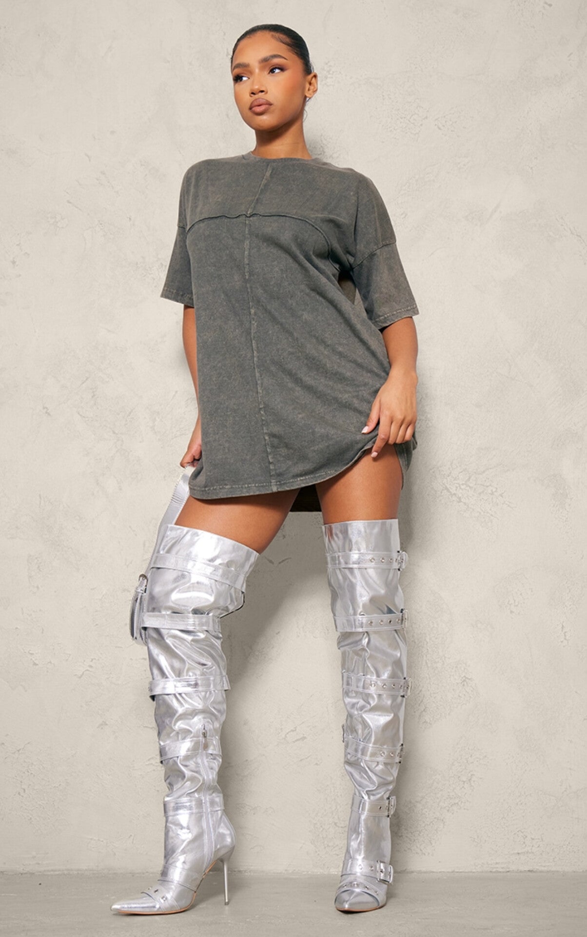 Metallic Belt Wide High Boots