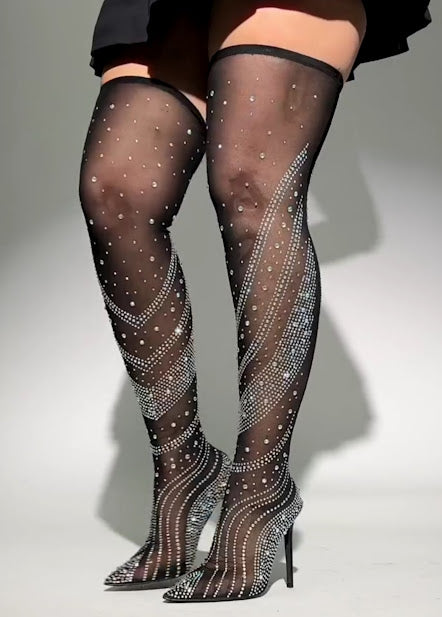 Rhinestone Mesh Thigh-High Boots