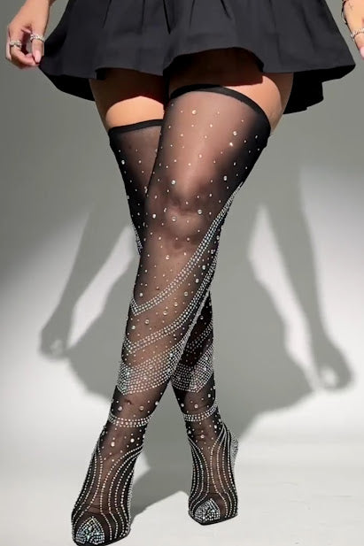 Rhinestone Mesh Thigh-High Boots