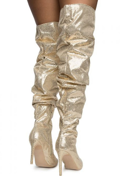 Bruched Embellishes Stilleto High Boot