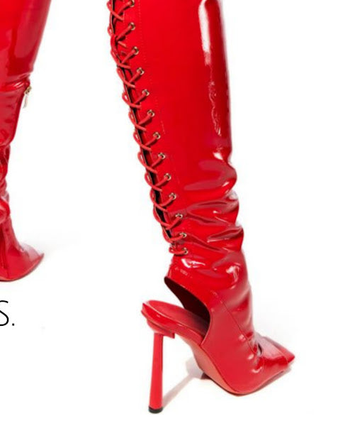 Faux Patent Open Back High Boot