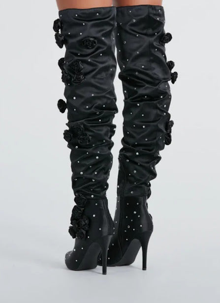 Dramatic Blooms Rosette Rhinestone Thigh-High Boots