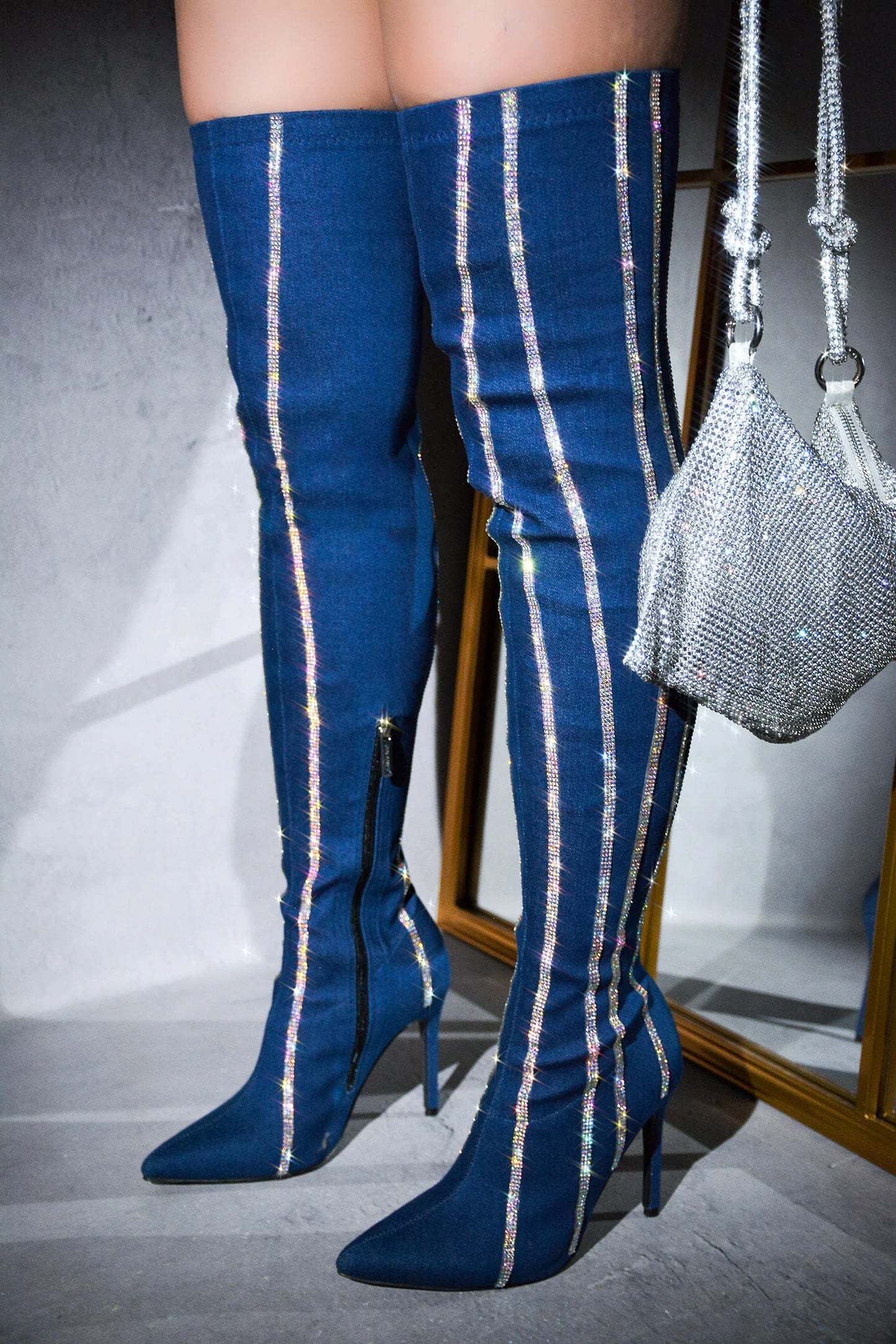 Demin Rhinestone High Boots