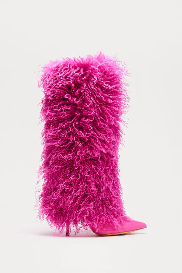PINK FURRY PATENT KNEE BOOTS