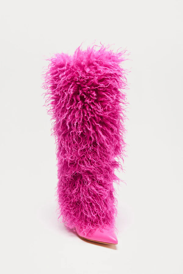 PINK FURRY PATENT KNEE BOOTS