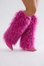 PINK FURRY PATENT KNEE BOOTS