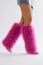 PINK FURRY PATENT KNEE BOOTS