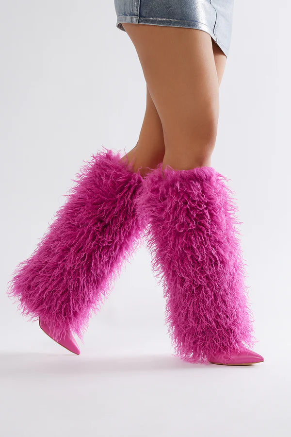 PINK FURRY PATENT KNEE BOOTS