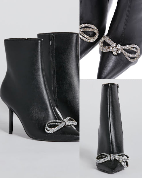 Faux Leather Bowtie Rhinestone Booties
