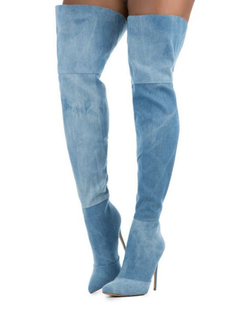 Ice Denim Pointy High Boot