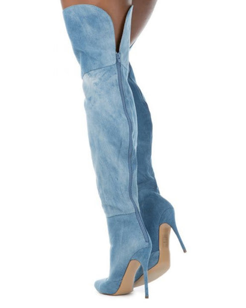 Ice Denim Pointy High Boot