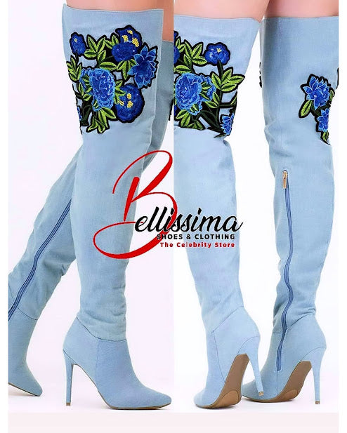 Ice Denim Pointy High Boot