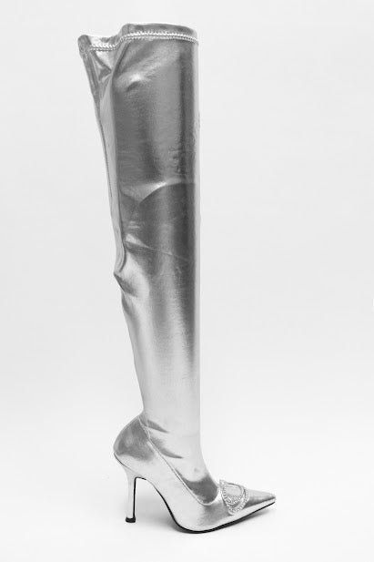 Metallic Rhinstone Pointy High Boot