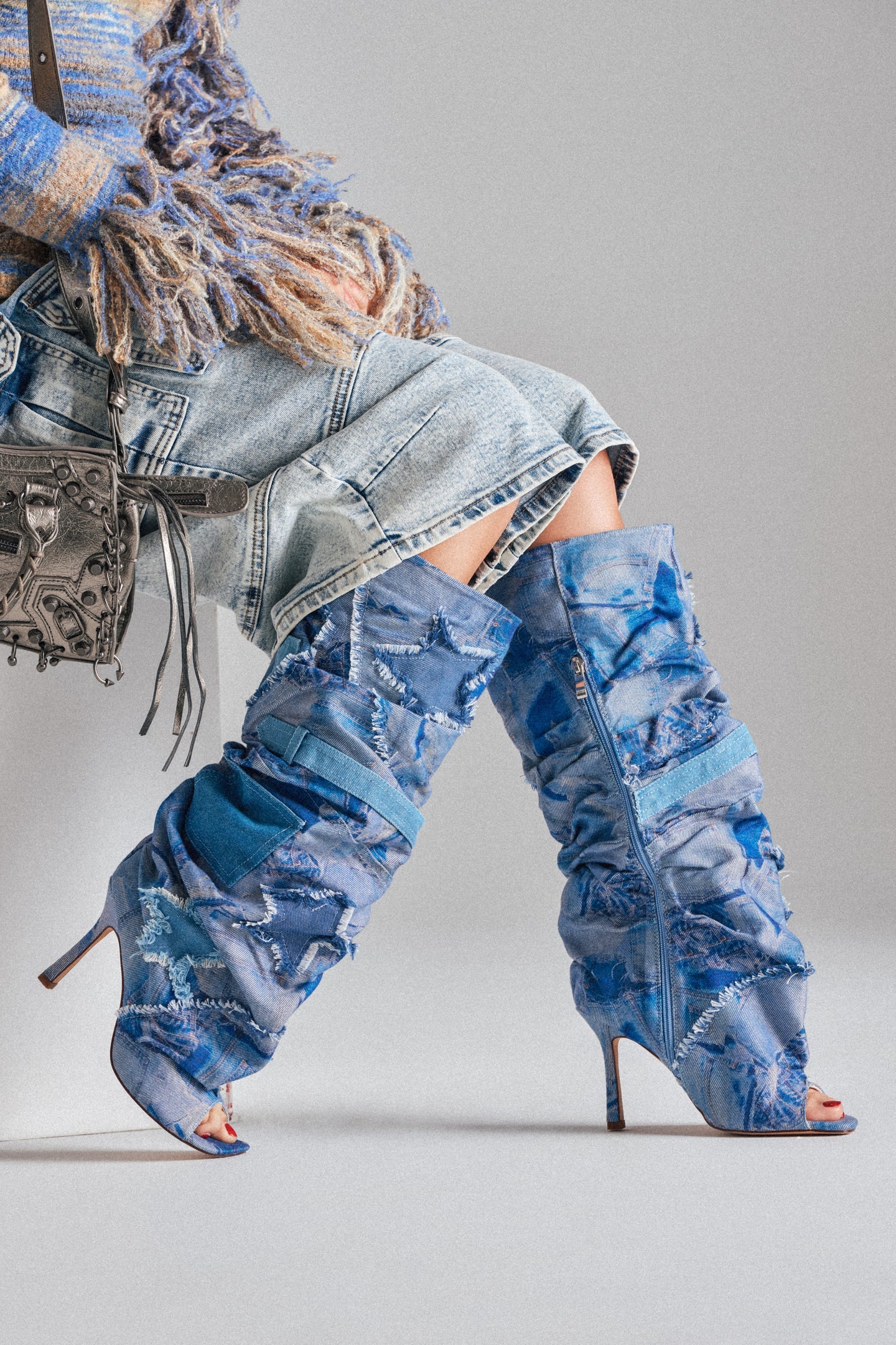 DENIM KNEE OPEN TOE BOOTS