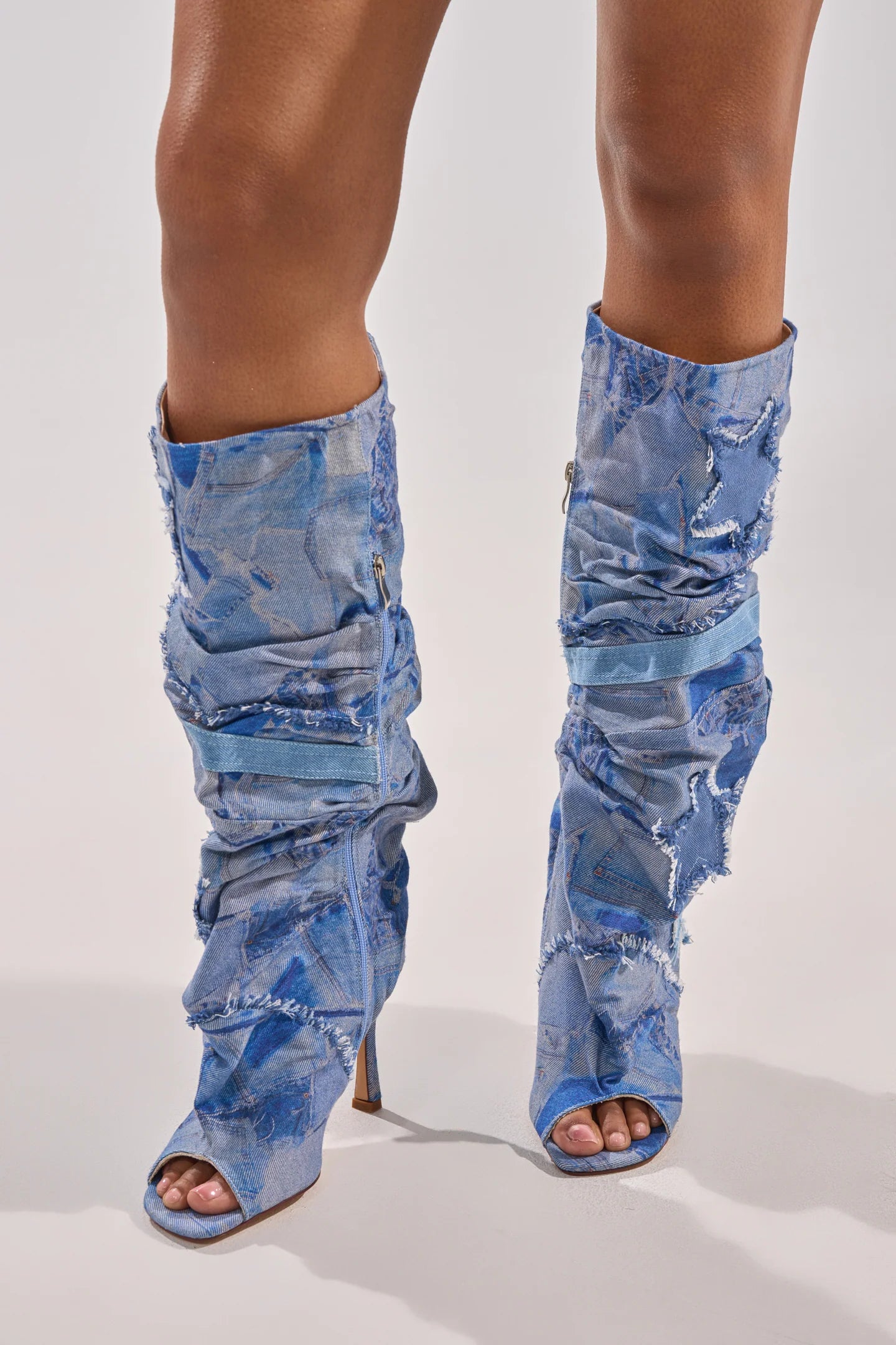 DENIM KNEE OPEN TOE BOOTS