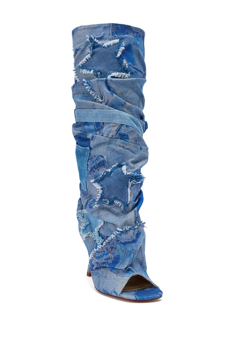 DENIM KNEE OPEN TOE BOOTS