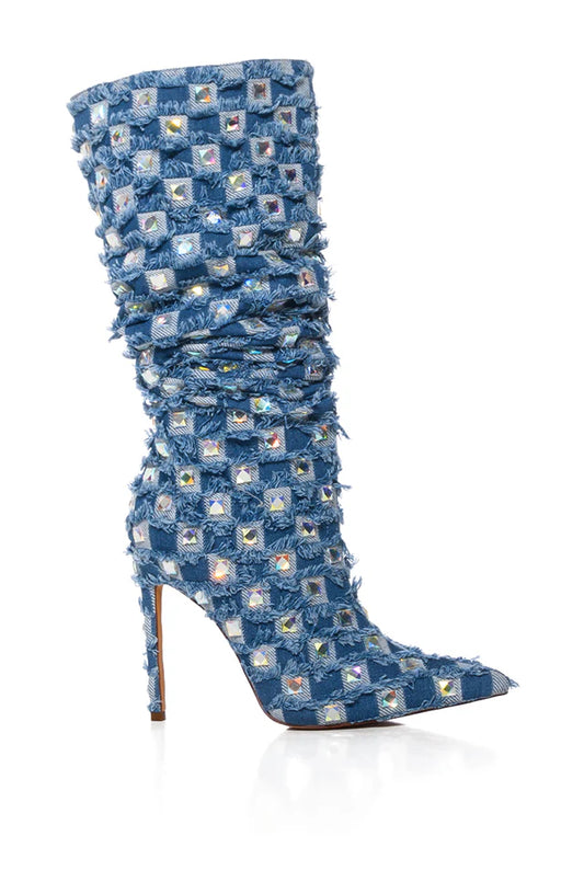 Denim Rhinestone Knee Boot