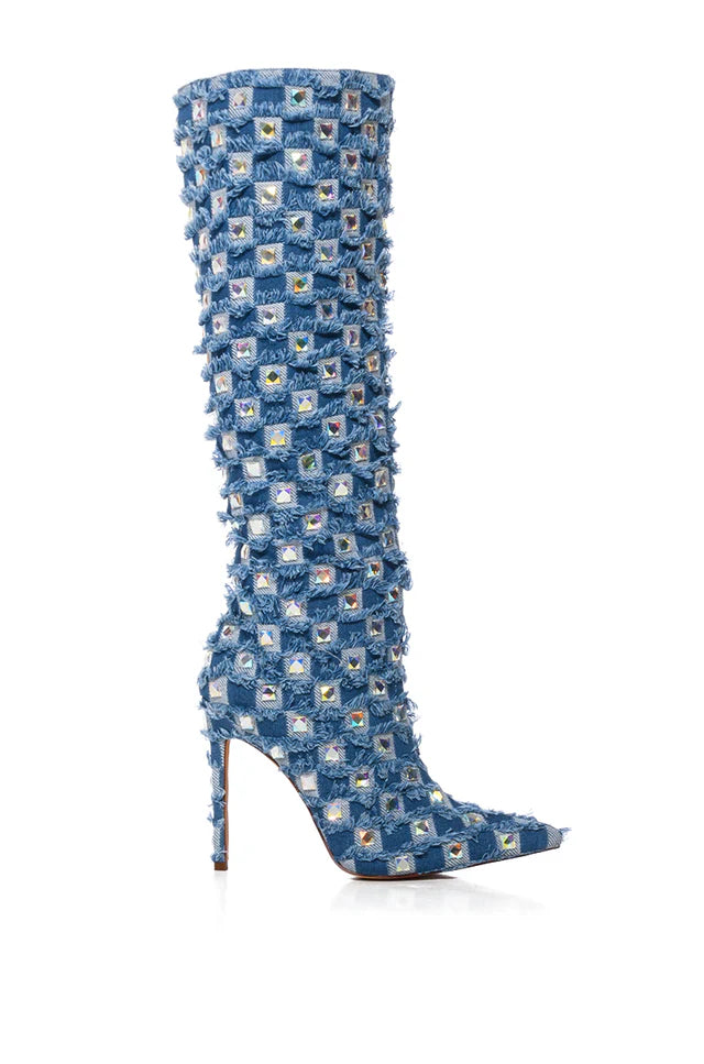 Denim Rhinestone Knee Boot