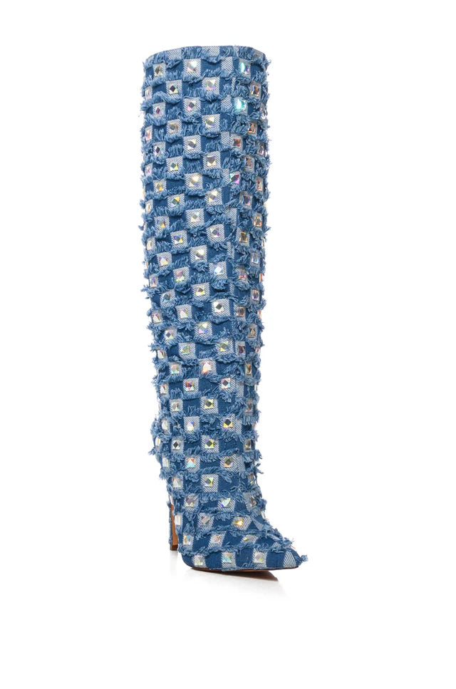 Denim Rhinestone Knee Boot
