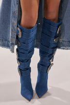 DENIM BUCKLE EMEBELLISHED KNEE BOOTS