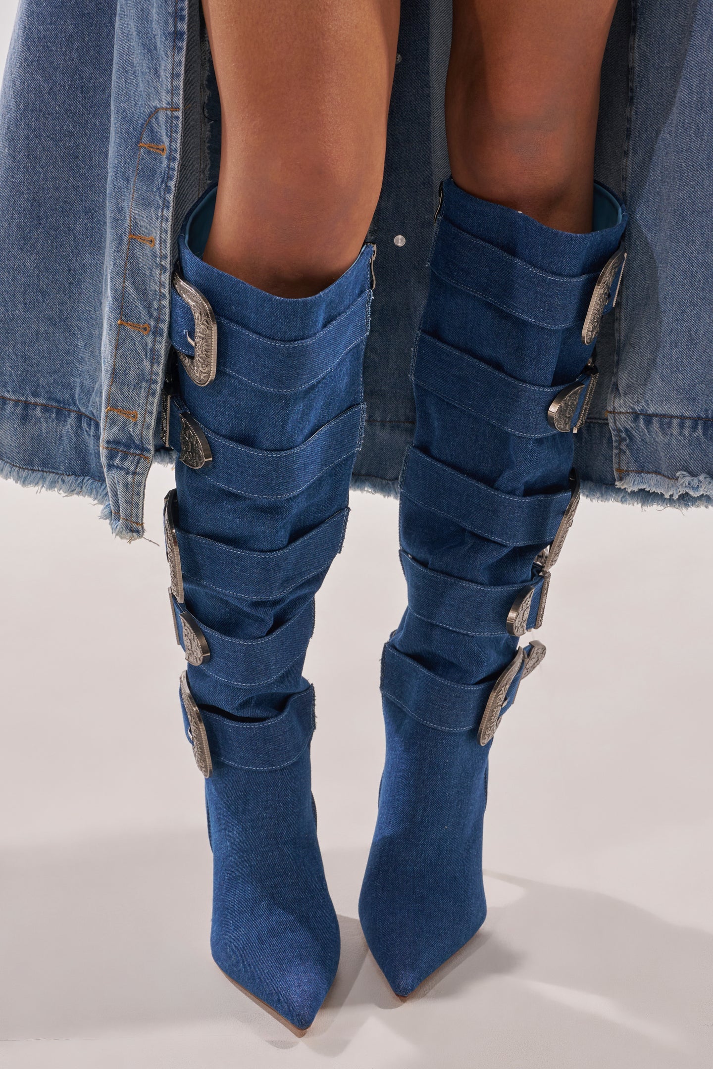 DENIM BUCKLE EMEBELLISHED KNEE BOOTS