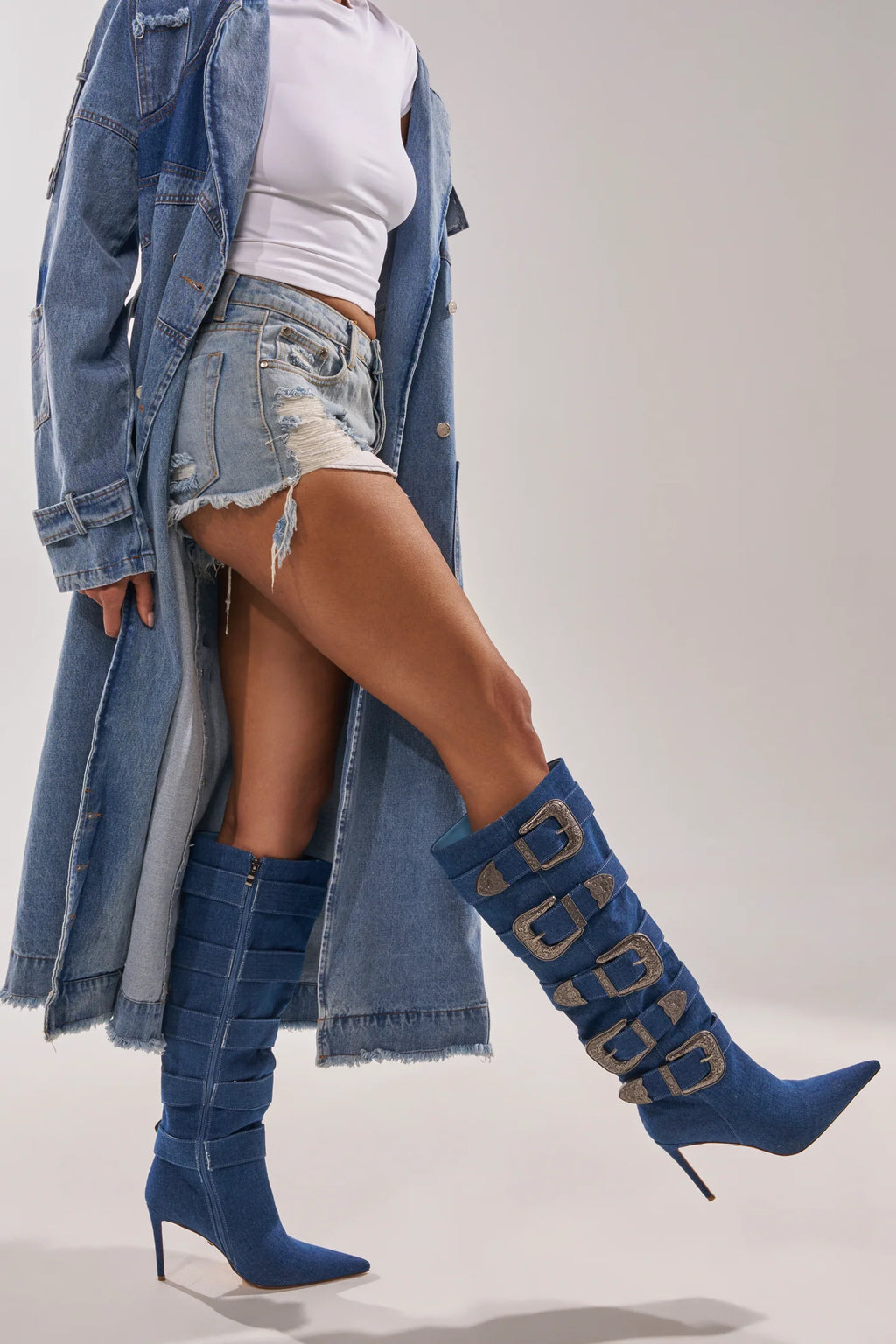 DENIM BUCKLE EMEBELLISHED KNEE BOOTS