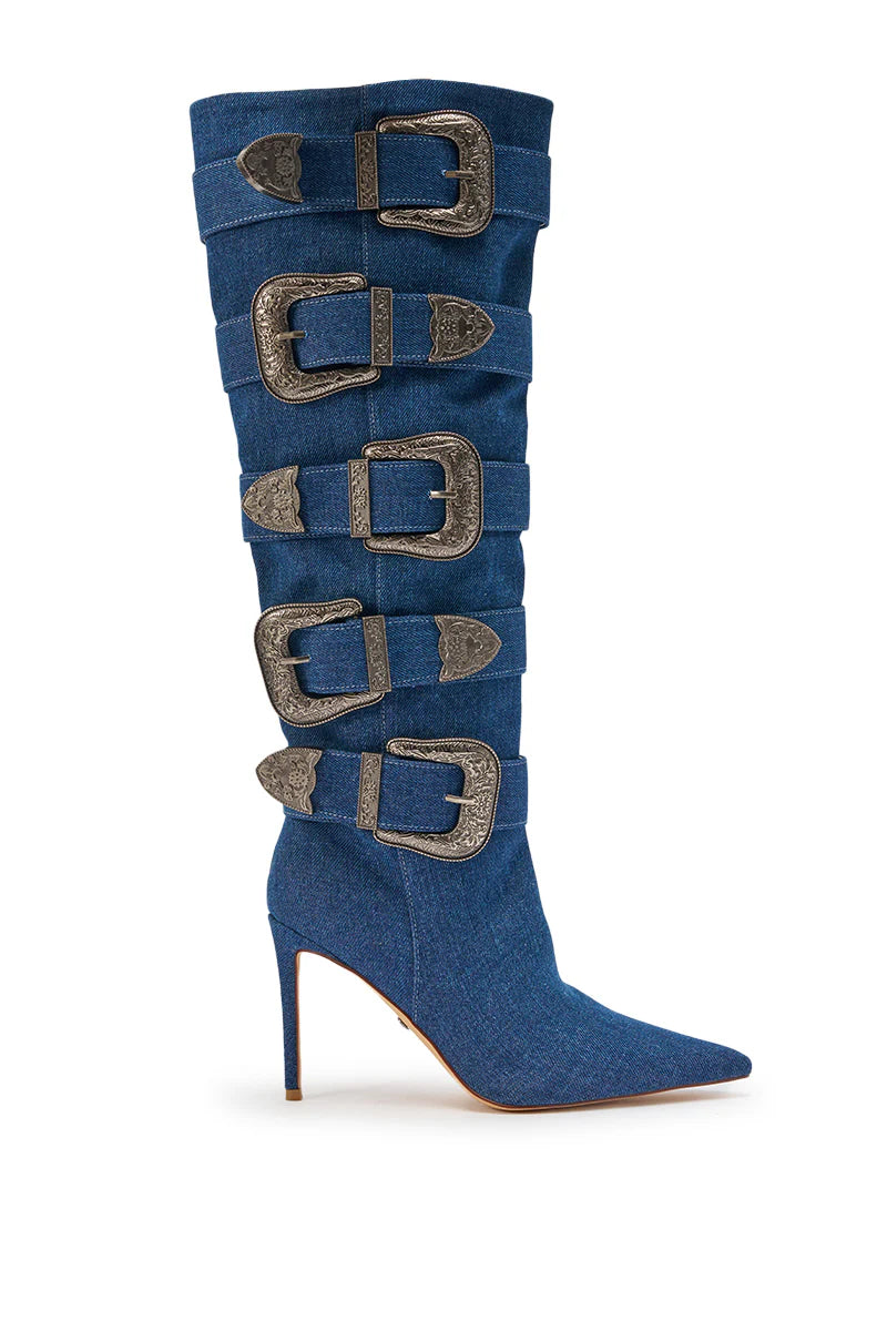 DENIM BUCKLE EMEBELLISHED KNEE BOOTS