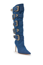 DENIM BUCKLE EMEBELLISHED KNEE BOOTS