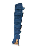 DENIM BUCKLE EMEBELLISHED KNEE BOOTS