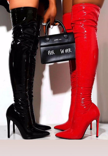 Pointed Faux Patent High Boot