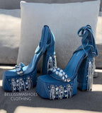 BLOCK DENIM RHINESTONE HEELS