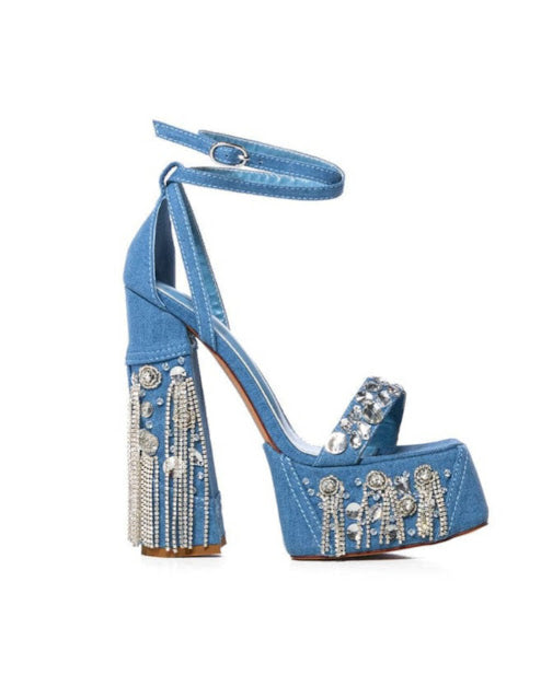 Denim Chunky Rhinestone Heels