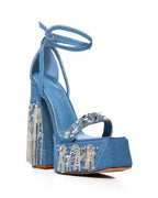 BLOCK DENIM RHINESTONE HEELS