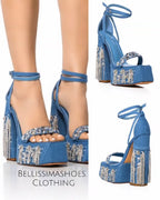 BLOCK DENIM RHINESTONE HEELS