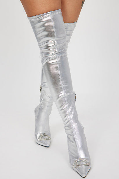 Metallic Rhinstone Pointy High Boot