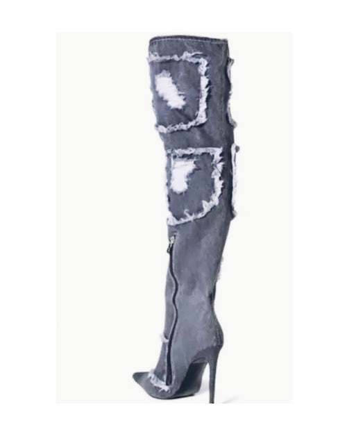 Denim Black Pointy High Boot
