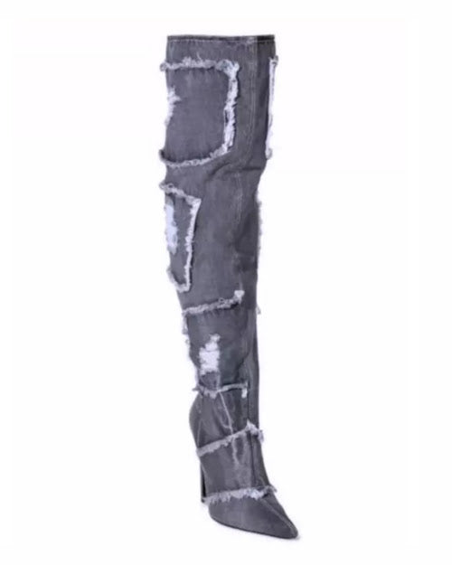 Denim Black Pointy High Boot
