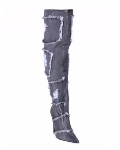 Denim Black Pointy High Boot
