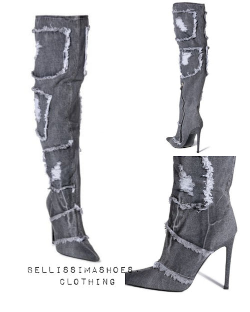 Denim Black Pointy High Boot