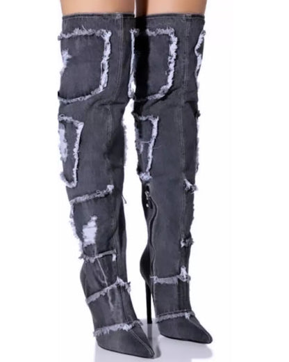 Denim Black Pointy High Boot