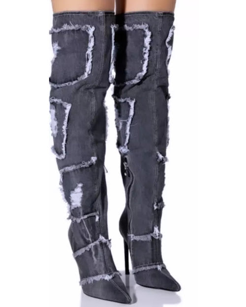 Denim Black Pointy High Boot