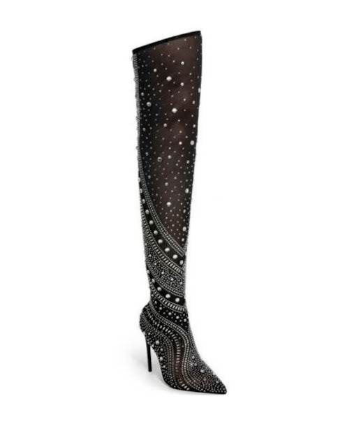 SOCK RHINESTONE STILLETO HIGH BOOTS