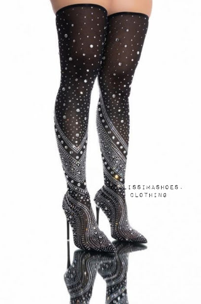 SOCK RHINESTONE STILLETO HIGH BOOTS