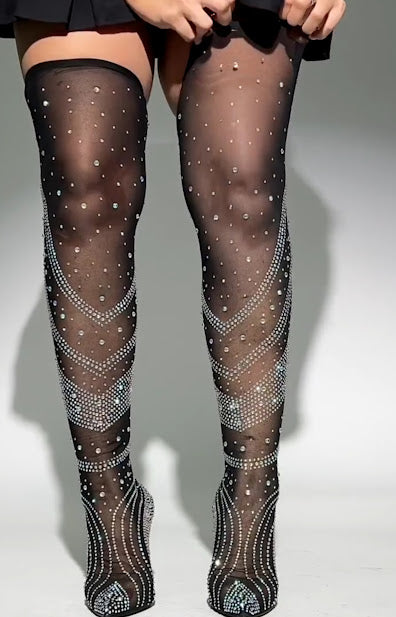 Rhinestone Mesh Thigh-High Boots