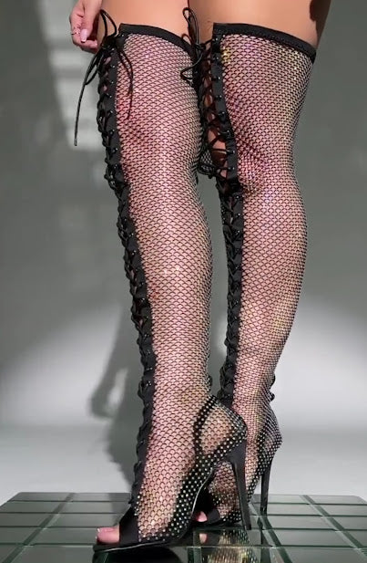 Mesh Rhinestone Open Toe Boots