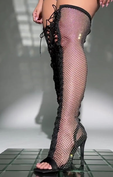 Mesh Rhinestone Open Toe Boots