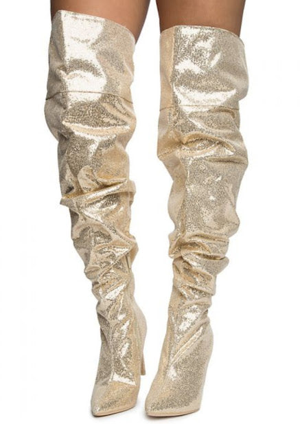 BRUNCHED RHINESTONE HIGH BOOTS